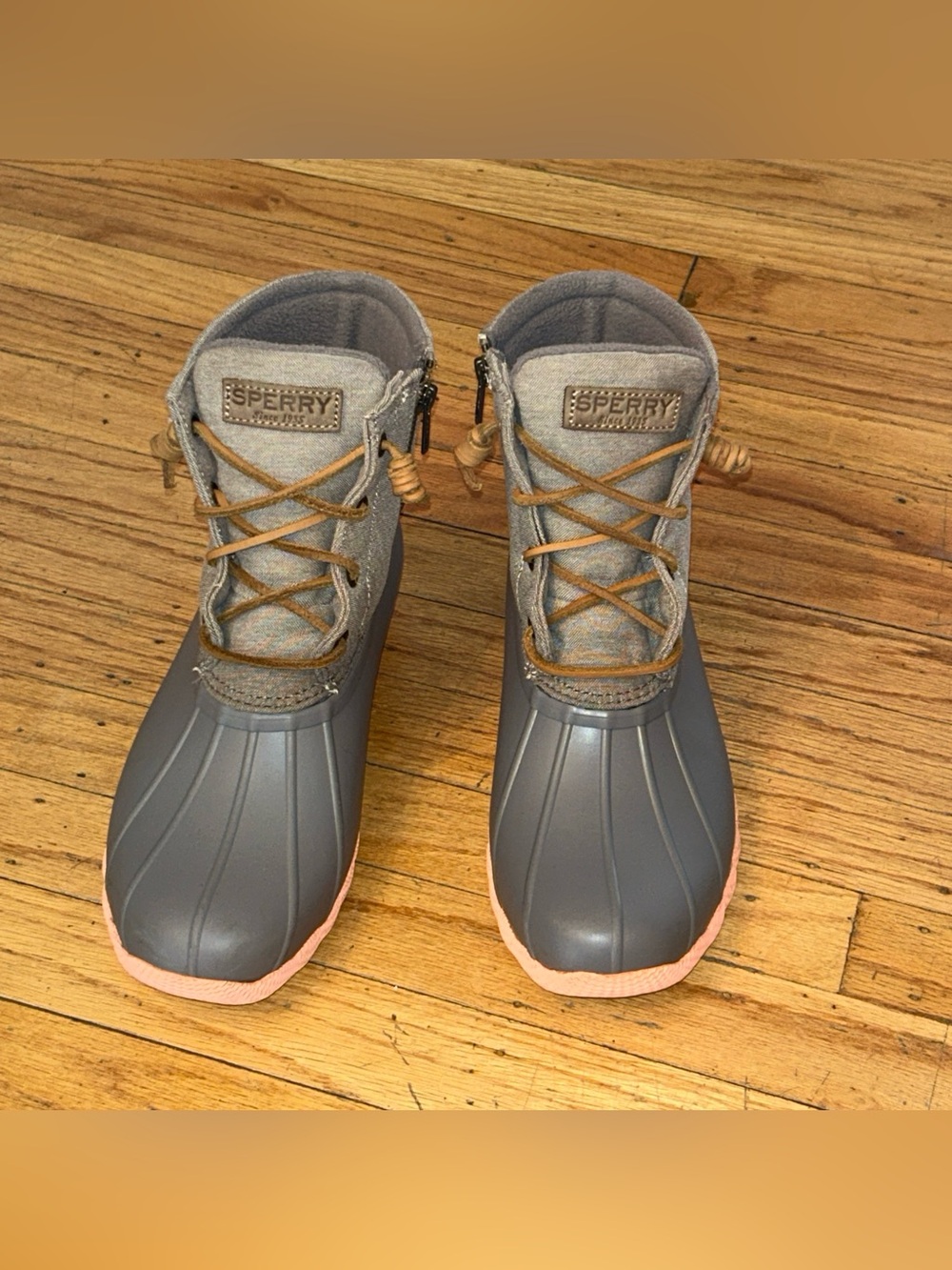 Sperry Saltwater Pop Duck Boots Gray Waterproof Rubber/Tan/Khaki Upper 8.5